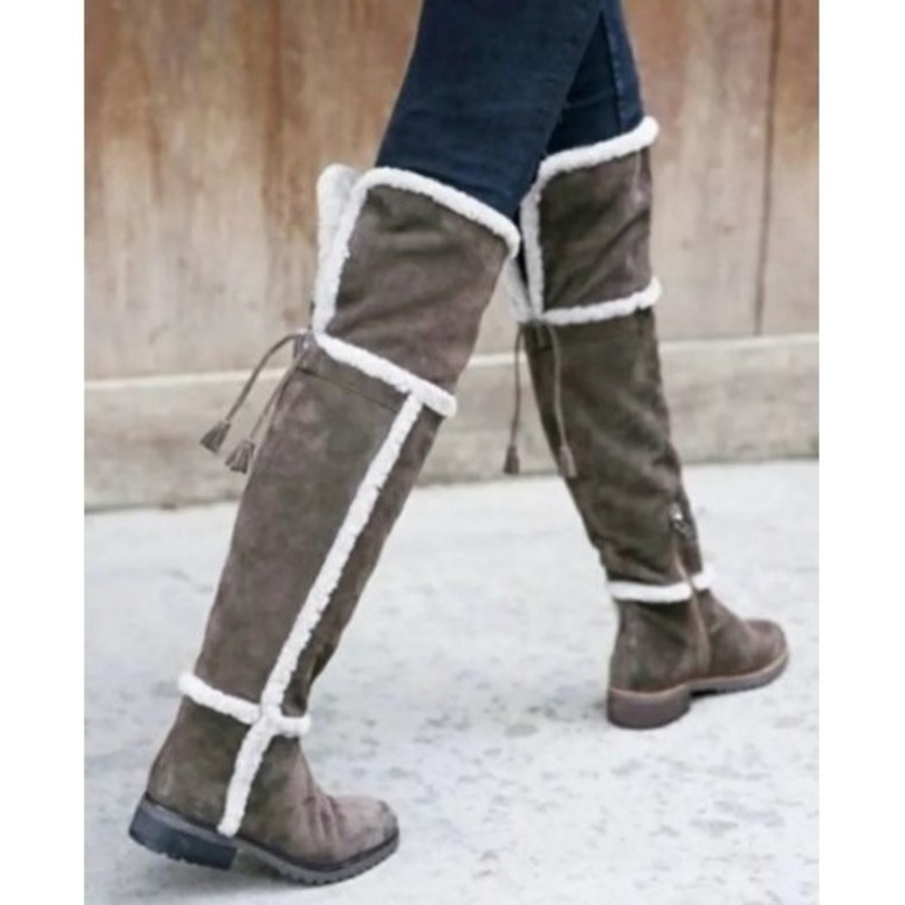 FRYE Tamara Shearling Suede $528 Over Knee Boots Sz 7 Low Heel H2O Resistant EUC